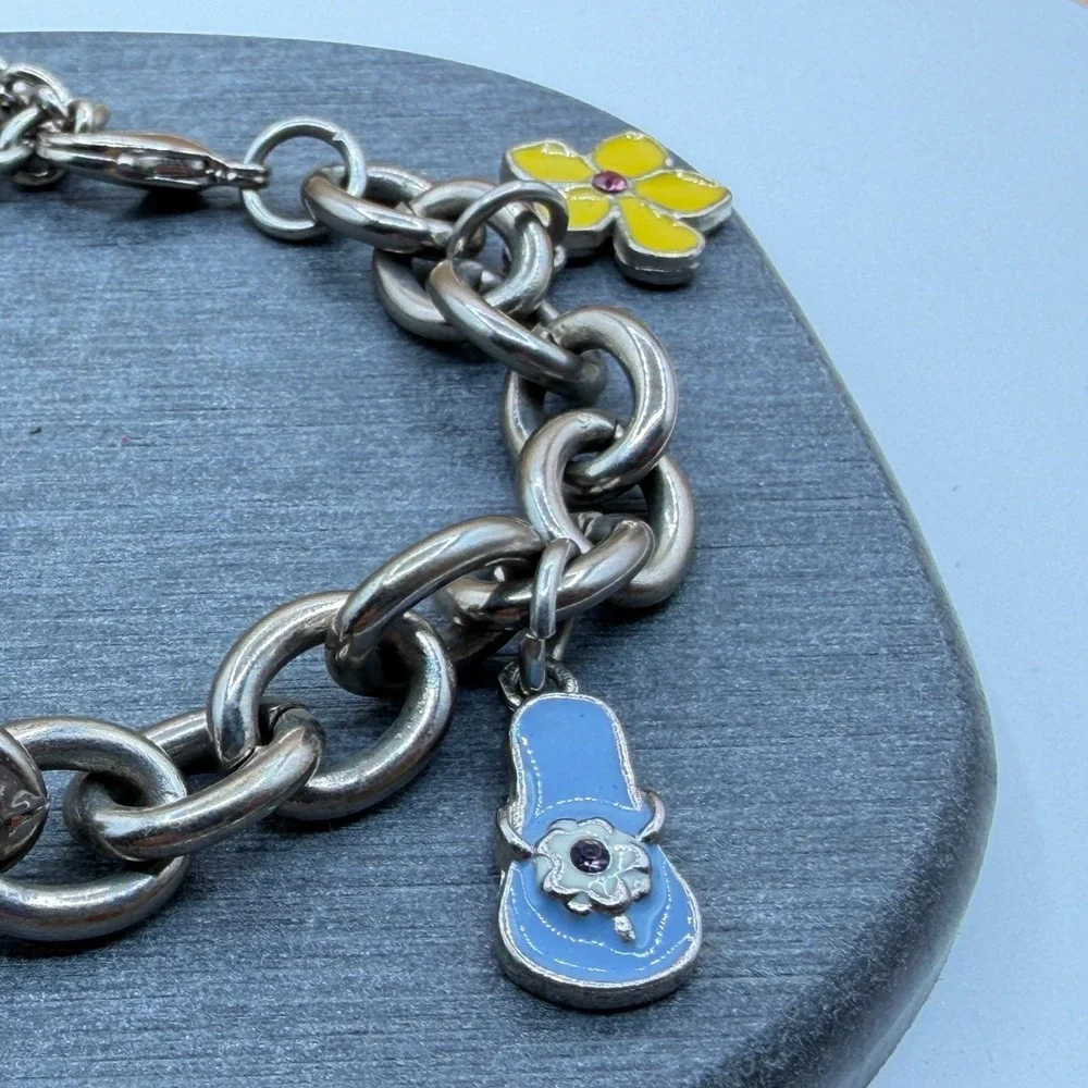 Silver Tone Chunky Chain Enamel Shoe Flower Wine Glass Charm Bracelet 7 Inch